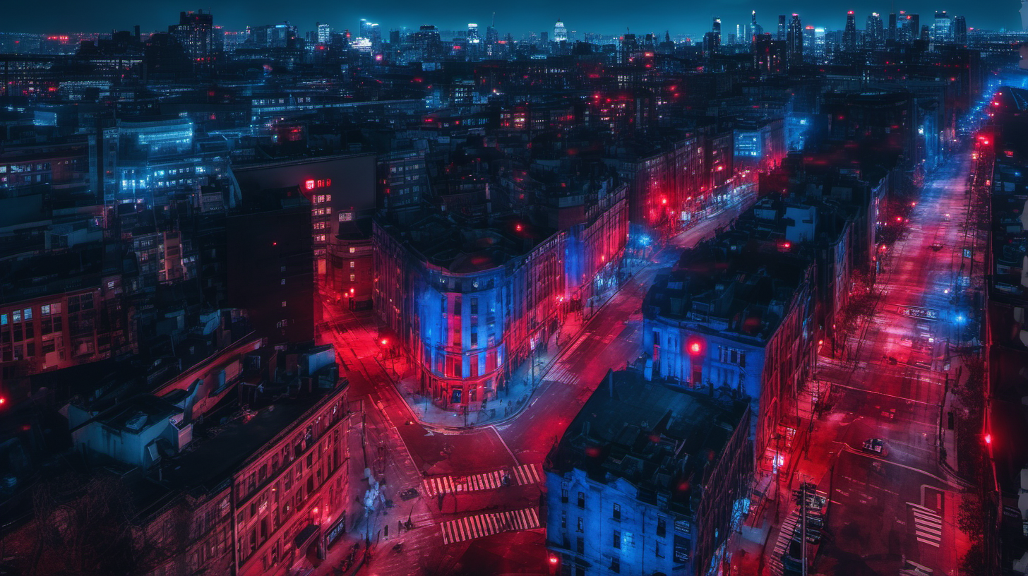 (A cityscape backdrop with scattered blue and red lights signifying ongoing police activity), (Canon EOS R5 with a 24-105mm f/4 lens), (Subtle yet vivid lighting highlighting the scattered blue and red hues in the city), (Urban photography style capturing the ambiance of police presence through scattered blue and red lights)."