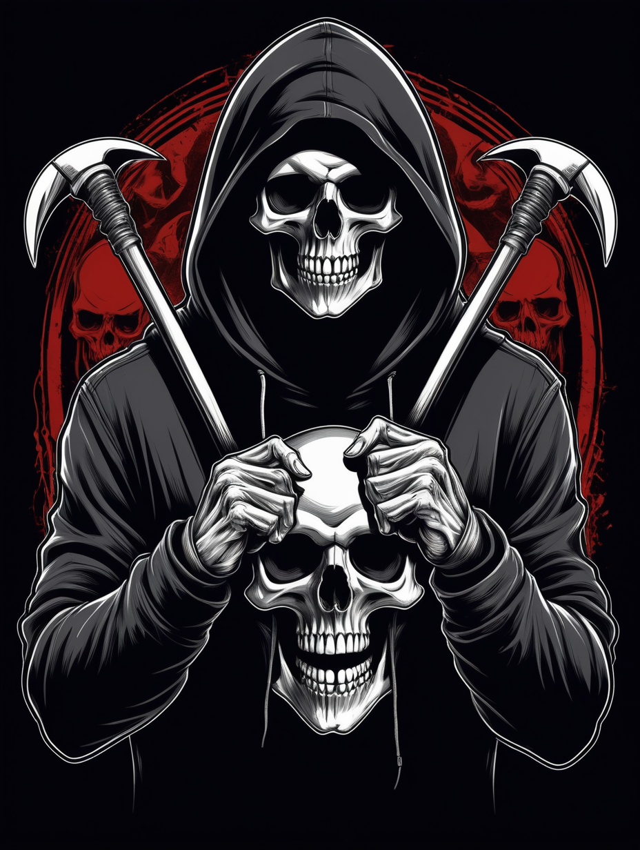 death, skull in a hood with a scythe, biker t-shirt, finger pointing at you, the inscription your move