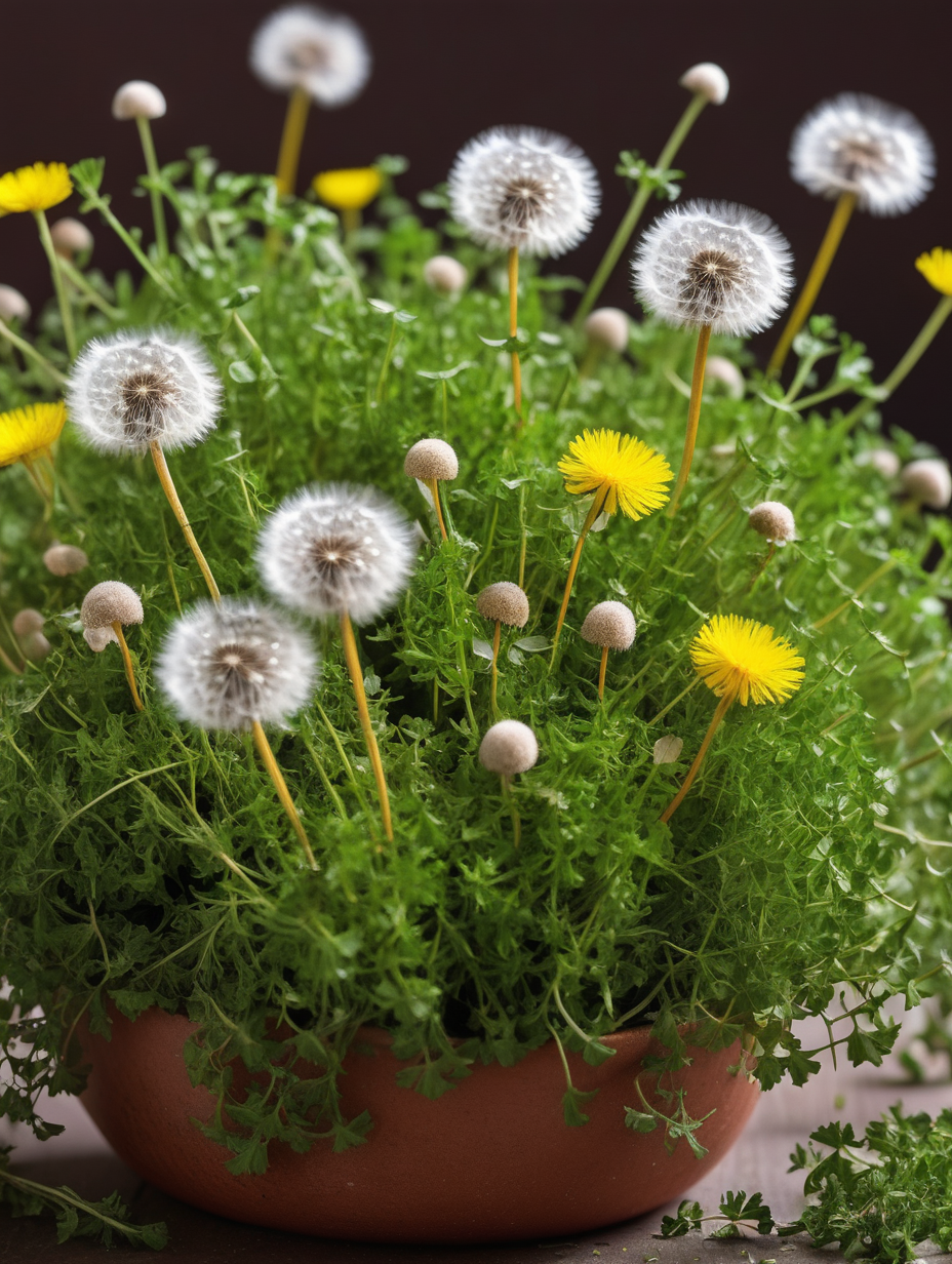 plant thyme with dandelion puffs