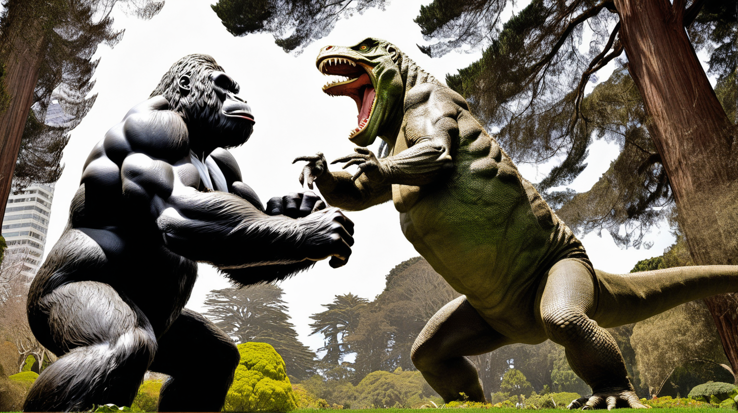 King Kong fighting a giant lizzard in Golden Gate Park