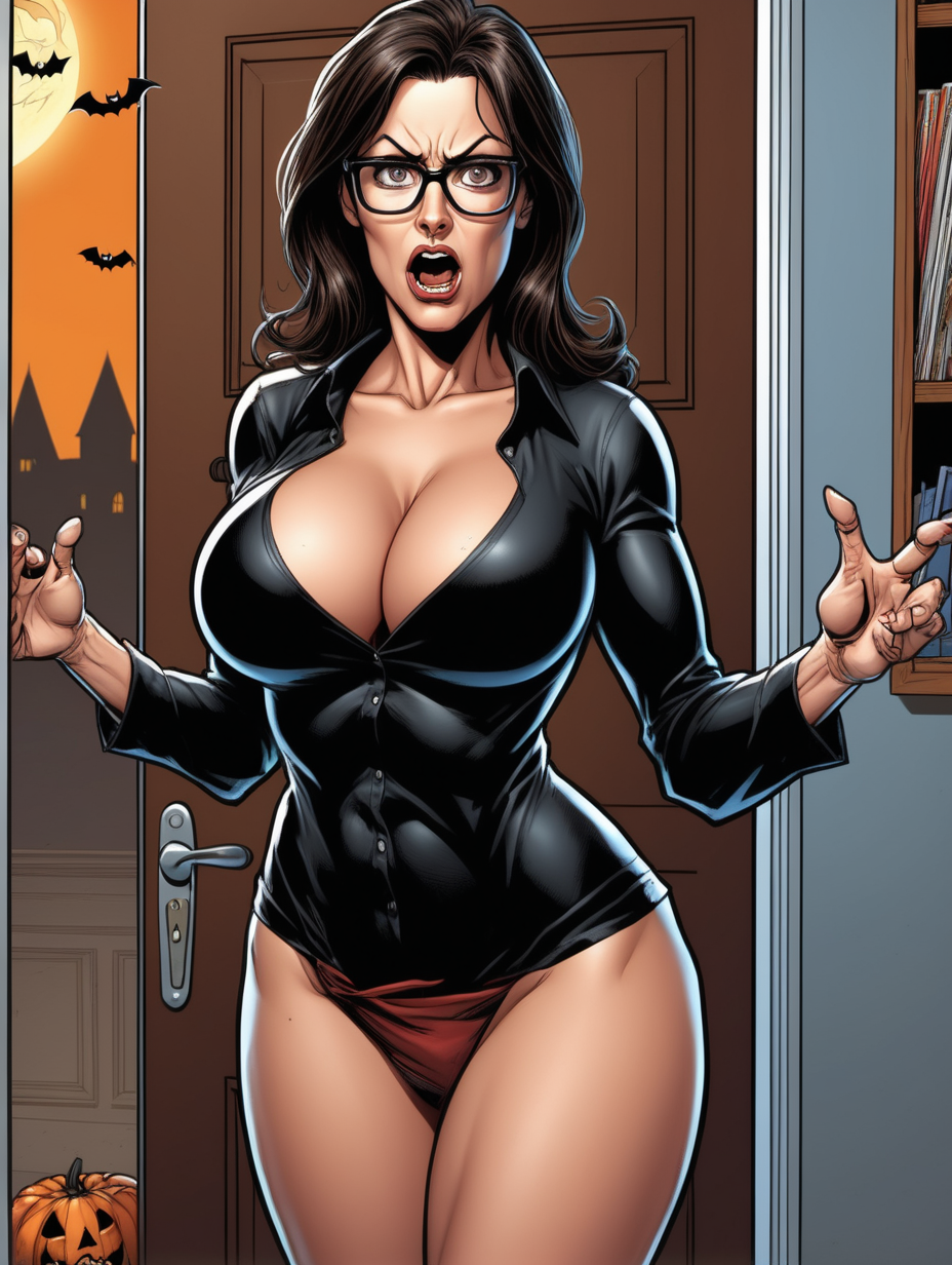 Beautiful, mature, brunette woman, teacher, glasses, [ripped open] black shirt, breasts exposed, confused [Detailed comic book art style] Halloween, front door