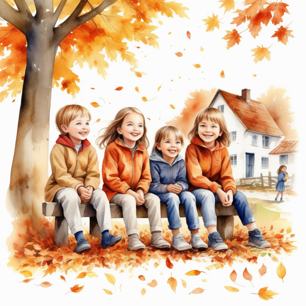 bílé pozadí_vytvoř realistickou ilustraci_realnější tváře_která je určena pro děti _ v pozadí , děti je vesnice_usmívají se, deti sedí pod stromy_je podzim_padá listí_akvarelové barvy
