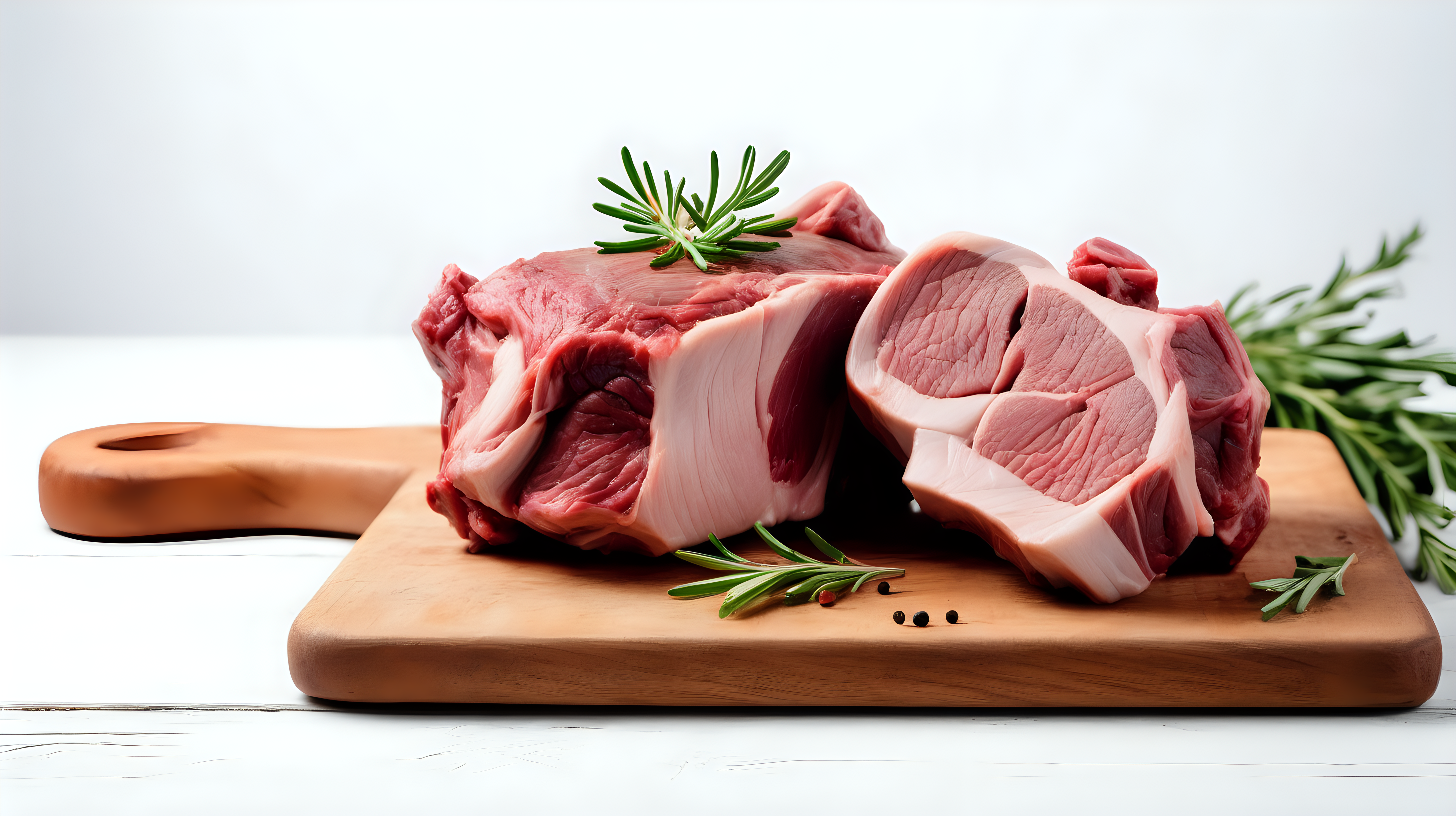Thigh of goat meat on a wooden table, isolated on white background, copy space, photo shoot