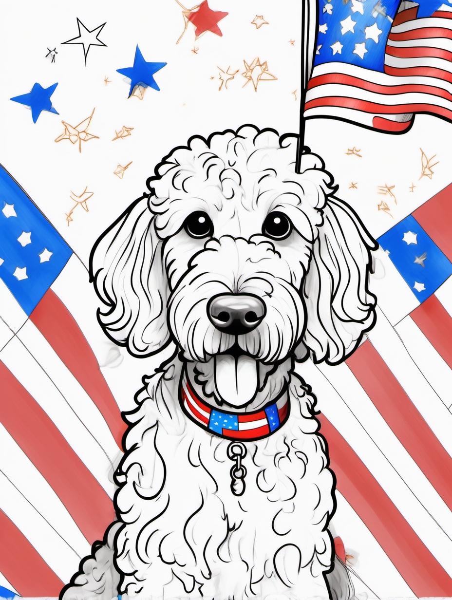 A cute goldendoodle in a whimsical 4th of July parade for a coloring book with black lines and white background