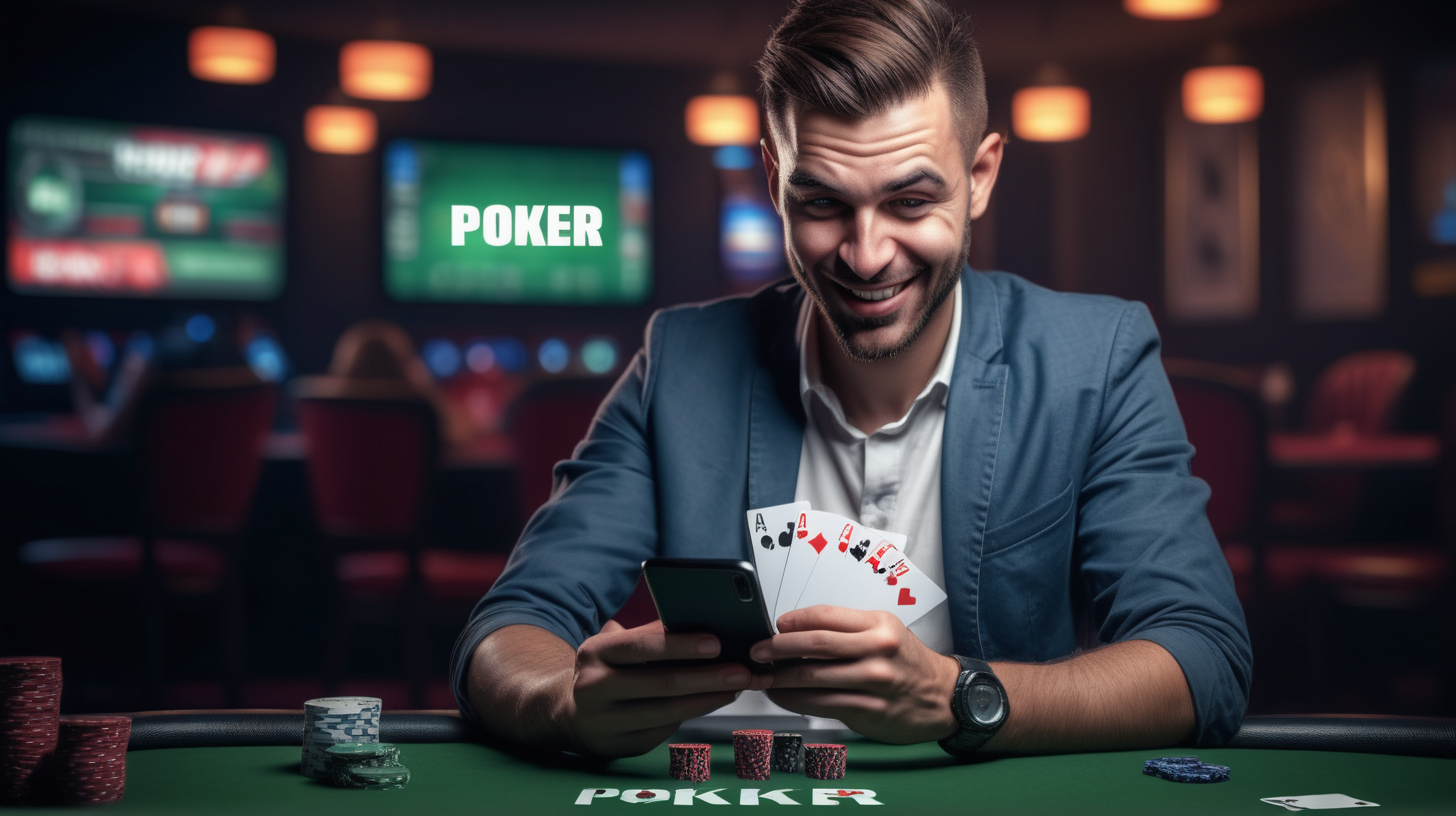 online poker marketing person, random or random image, playing or betting on online poker, using a gadget or smartphone, with the words poker online on the device screen :: with a happy or sad expression, in a place appropriate to the subject, relevant image. cinematic or creative, detailed & Full 8K.
