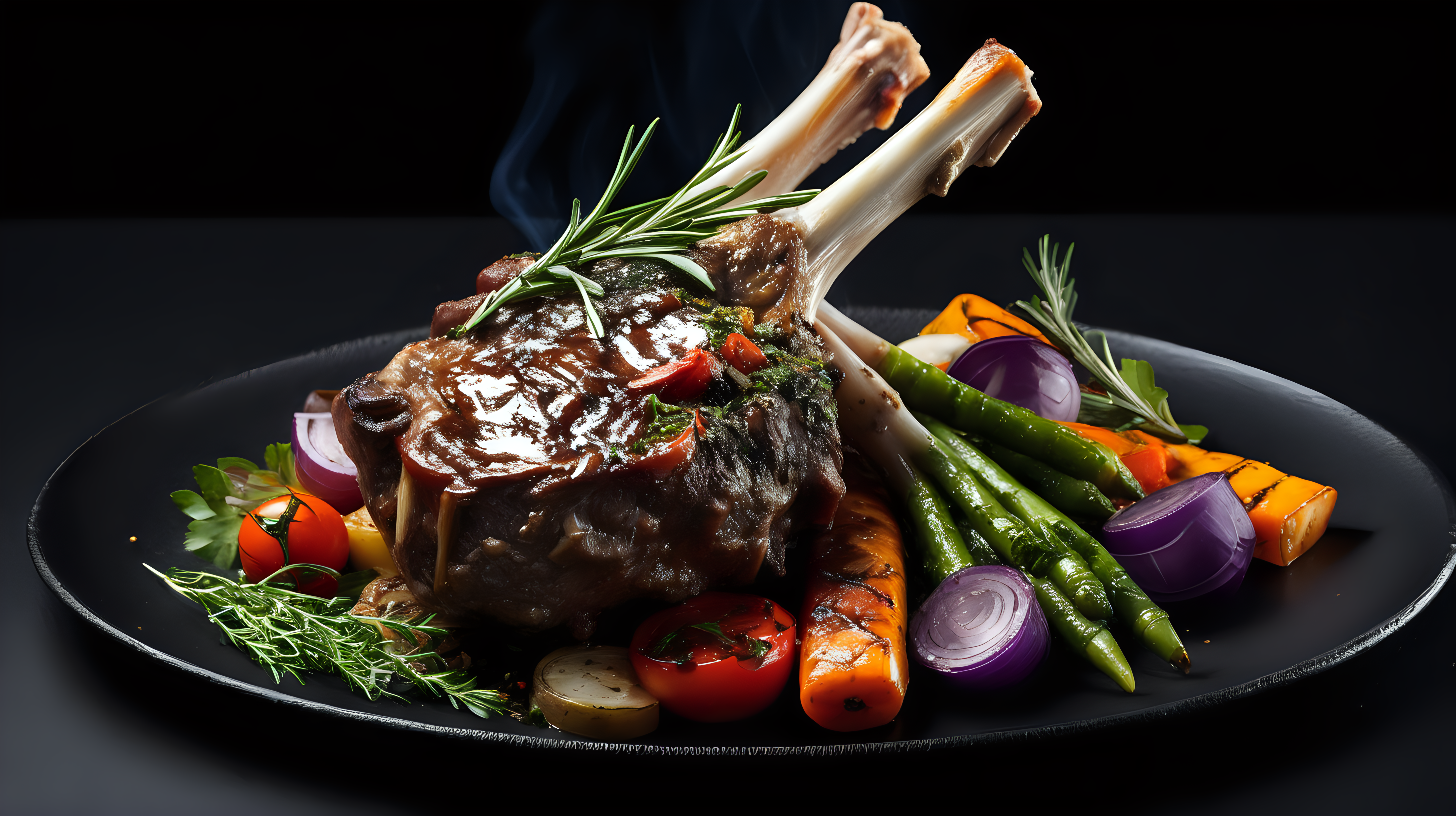 Grill lamb shank with herbs and vegetables, black background 