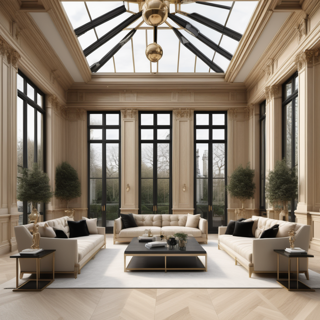 A hyperrealistic image of a luxurious, grand  modern Parisian conservatory in a beige oak brass colour palette with accents of black , with coffered ceiling, floor to ceiling windows