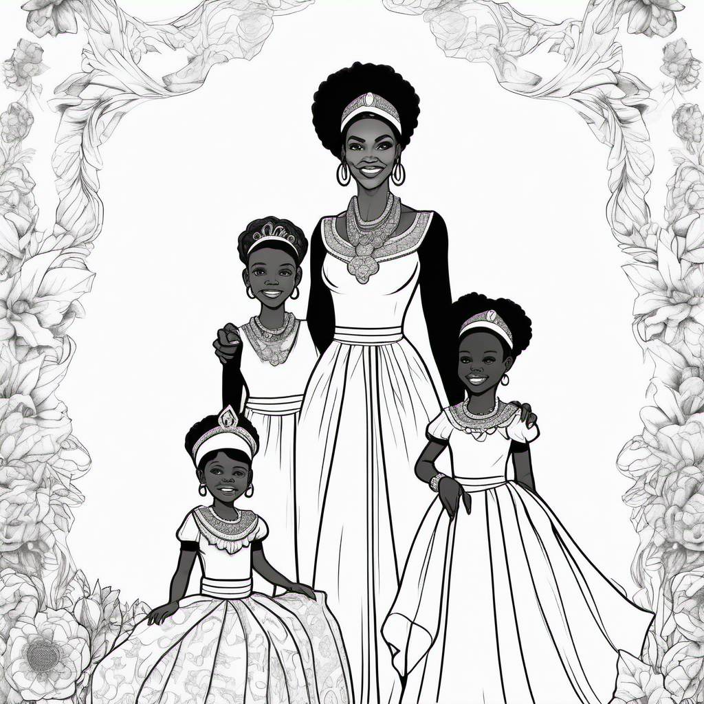 black and white, coloring page, African American mother, teen daughters and toddler dressed in royal attire,  no background, no fills, no dither, no gradient on skin
