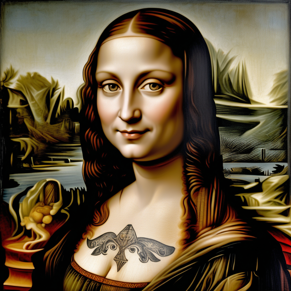 /imagine prompt: An enchanting portrait by Leonardo da Vinci, featuring a woman with  tattoos on her body and a mysterious smile, same as Monalisa painting, wearing flowing robes , this Monalisa is a full tattooed woman,  her gaze captivating and enigmatic, surrounded by soft, diffused lighting, artwork, oil painting on canvas,-seed –ar 16:9 –v 5 -iw 2