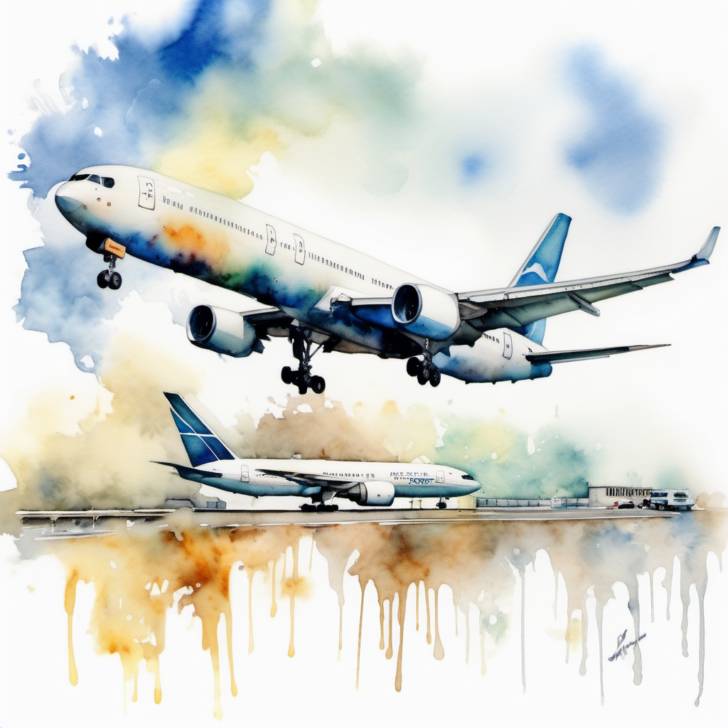 white boeing 767 departure watercolor paint