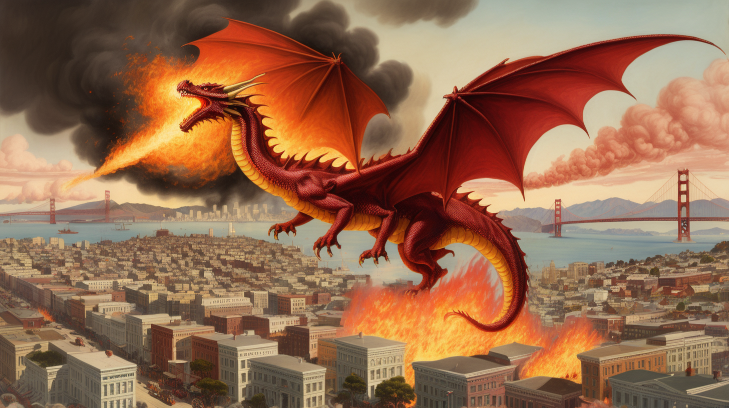 fire breathing dragon destroying 1900s San Francisco