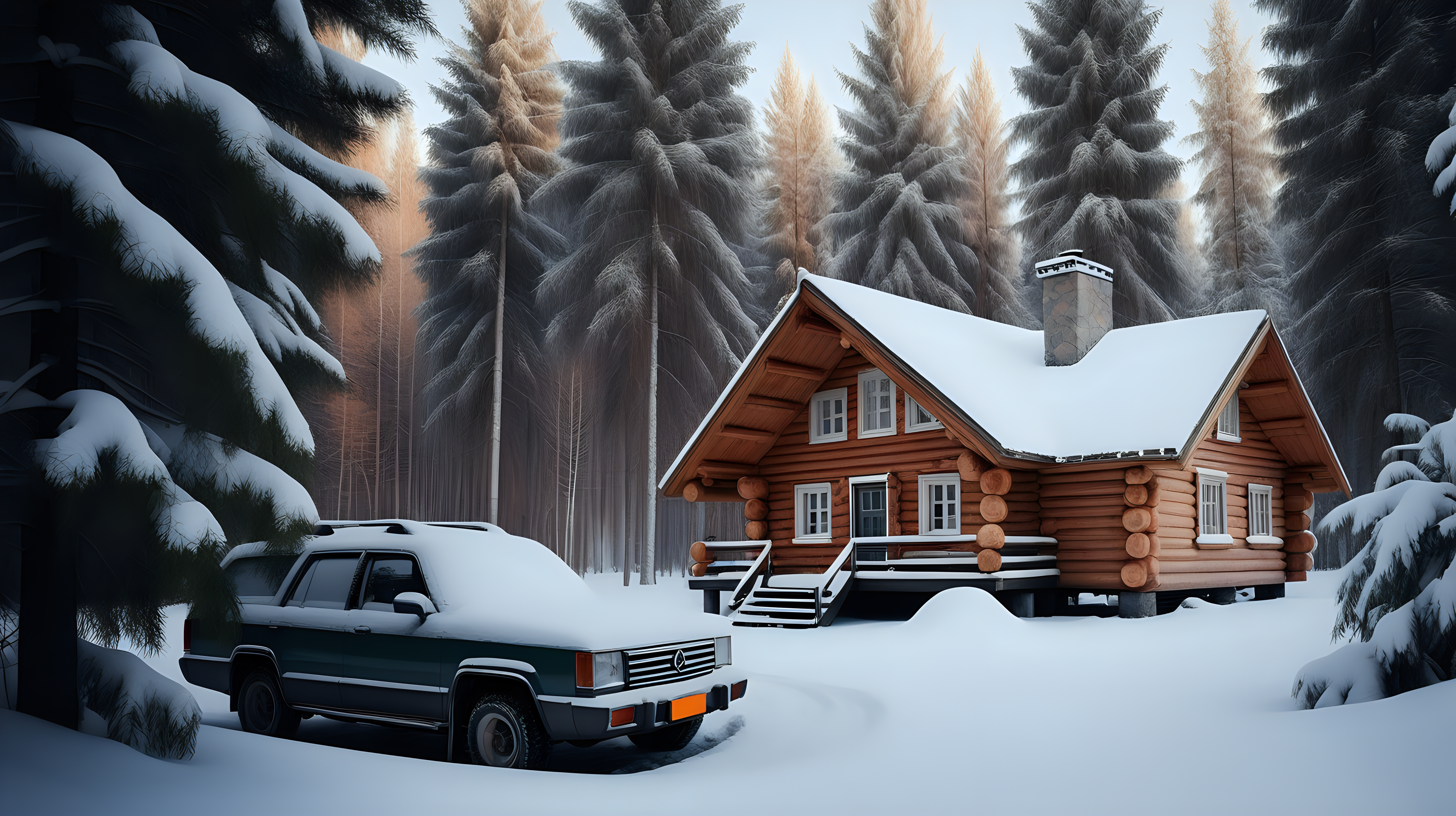 A cozy, snow-covered log cabin nestled amidst the tranquil beauty of a snowy Russian forest. Two cars, partially covered in snow, are parked in front of the cabin, creating a serene winter scene. Cozy, Snowy, Rustic, Tranquil, Winter Wonderland. DSLR camera. Wide-angle or standard lens for capturing the cabin and the surrounding snowy landscape. Late afternoon, Focus on the charming cabin enveloped in snow, portraying a sense of warmth and coziness against the wintry backdrop. Frame the shot to include the cabin, the surrounding snow-laden trees, and the parked cars, highlighting the rustic charm and tranquility of the scene. Aim for high-resolution digital images to capture the intricate details of the snow-covered cabin and the forest surroundings. Post-processing can enhance the wintry atmosphere by adjusting exposure and contrast, showcasing the inviting coziness of the cabin amidst the snowy Russian forest.