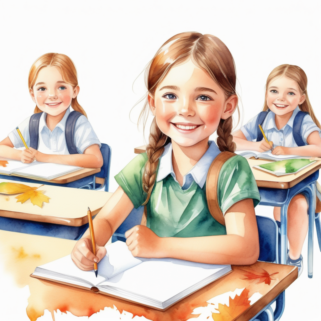 bílé pozadí_vytvoř realistickou ilustraci_realnější tváře_která je určena pro děti _ školní třída_děti sedí v lavicii_píšou do sešitu_usmívají se, _padá listí_akvarelové barvy
