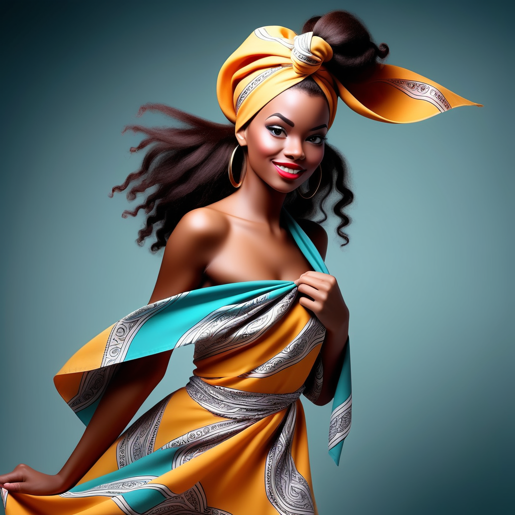 Beautiful dark skin black caribbean woman with long hair with a bandana and colorful flowing dress smiling at camera while dancing  in fantasy art style