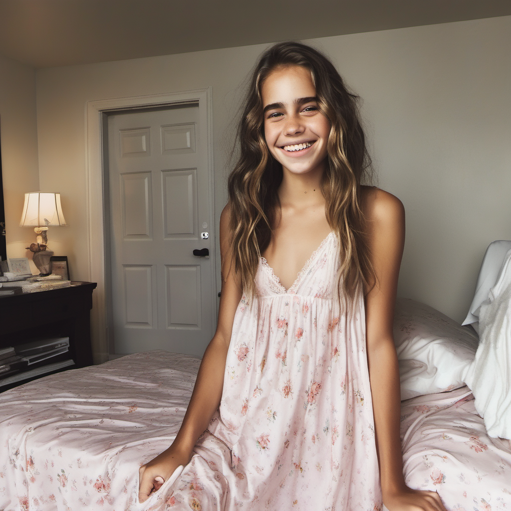Emily Feld smiling dressed in a nightgown