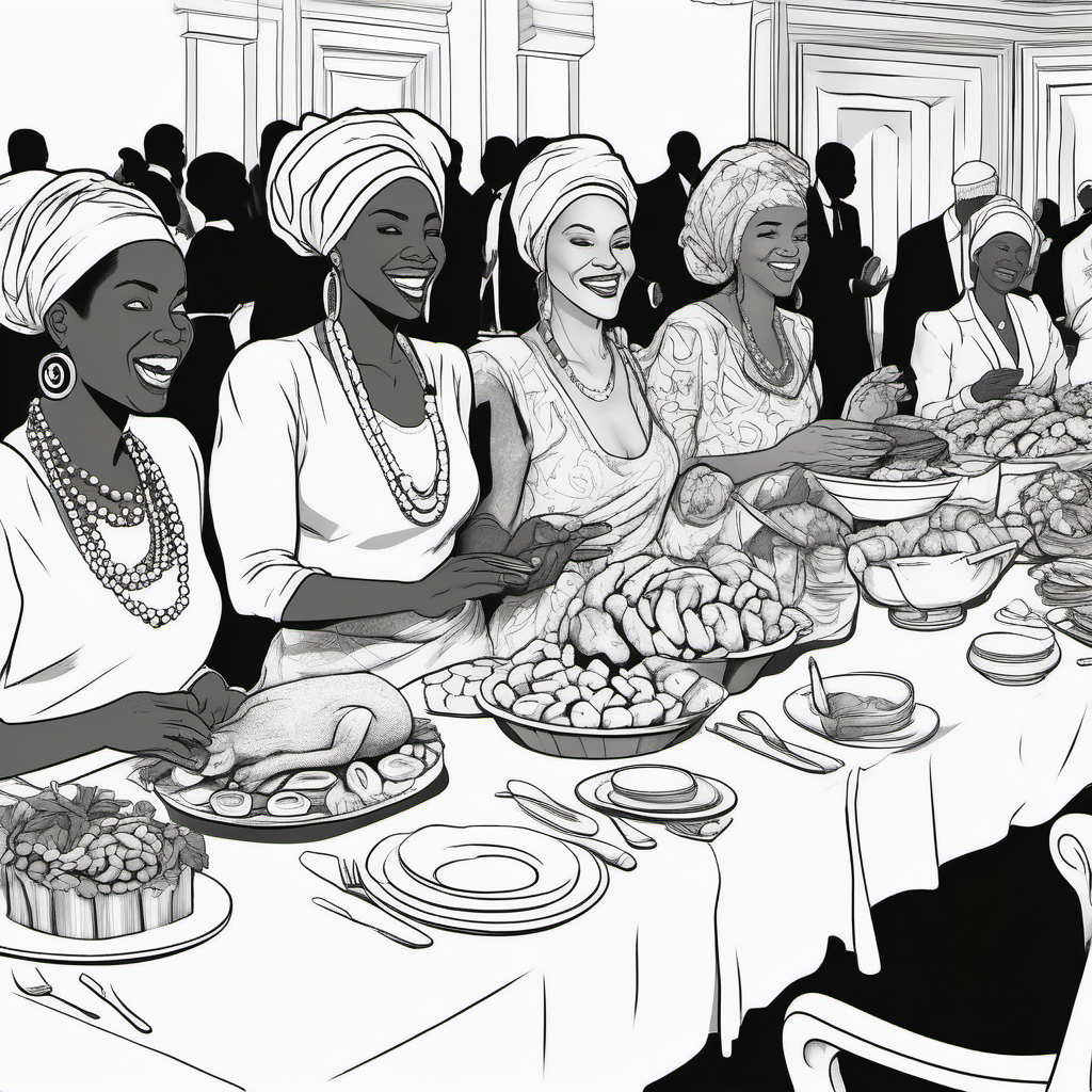 black and white, coloring page, African American people at a grand feast, women with head wraps, rejoycing at a long table with food, elegantly dressed,  no background, no fills, no dither, no gradient on body or hair, no color on body or hair