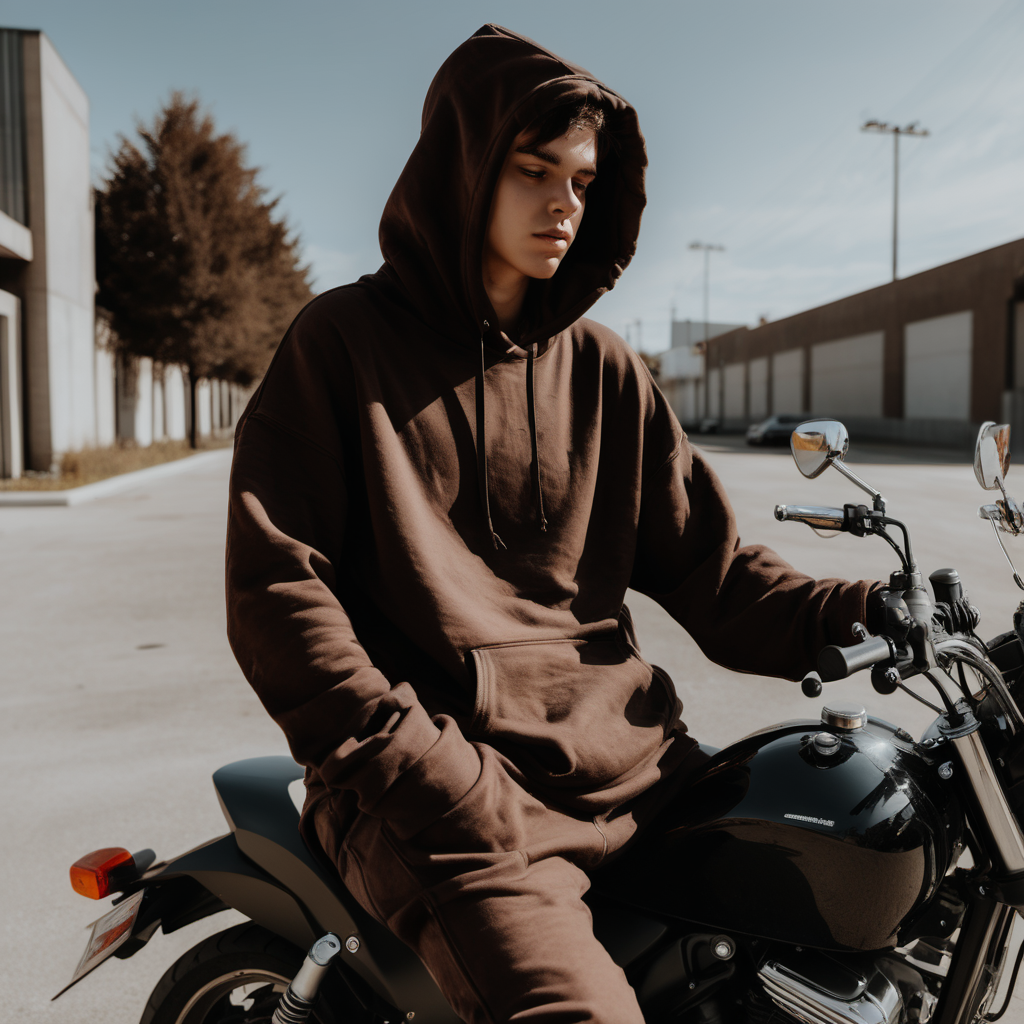 person sitting on motorycle bike showing front with oversized dark brown hoodie that is blank