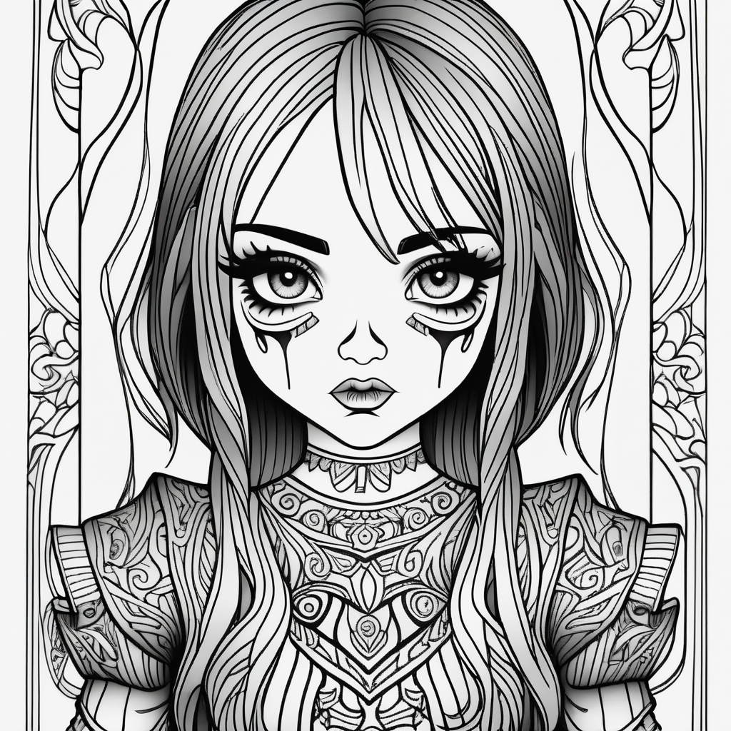 adult coloring page, black & white, strong lines, high details, evil girl doll full body