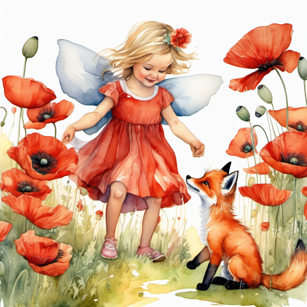 a watercolor poppy flower fairy in the style of Cicely Mary Barker dressed in a poppy skirt and poppy red top playing with a cute baby red fox in a field full of brightly colored poppies.  