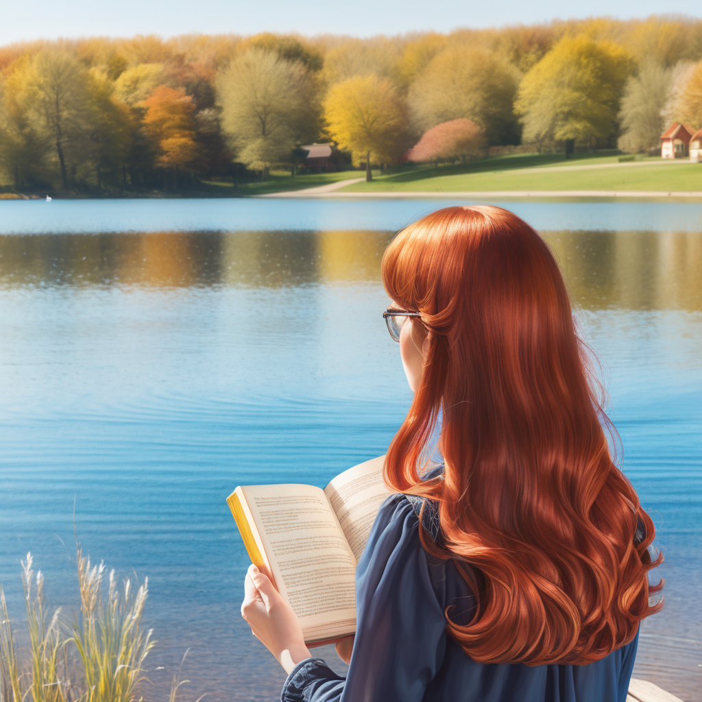 Colourful picture the back of a woman with auburn hair at the lake with a book
