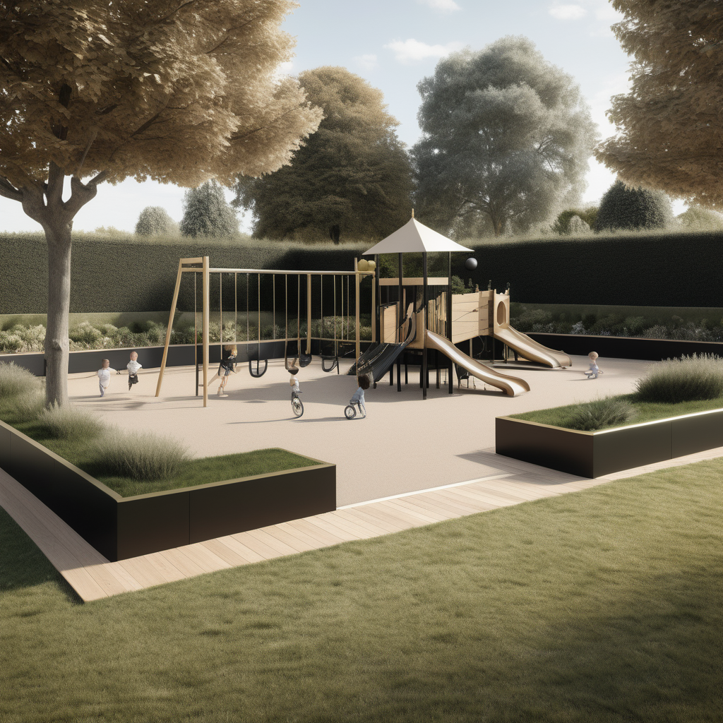 a hyperrealistic image of a grand Modern Parisian  outdoor playground in a beige oak brass and black colour palette surrounded by large beautiful open lawns and garden

