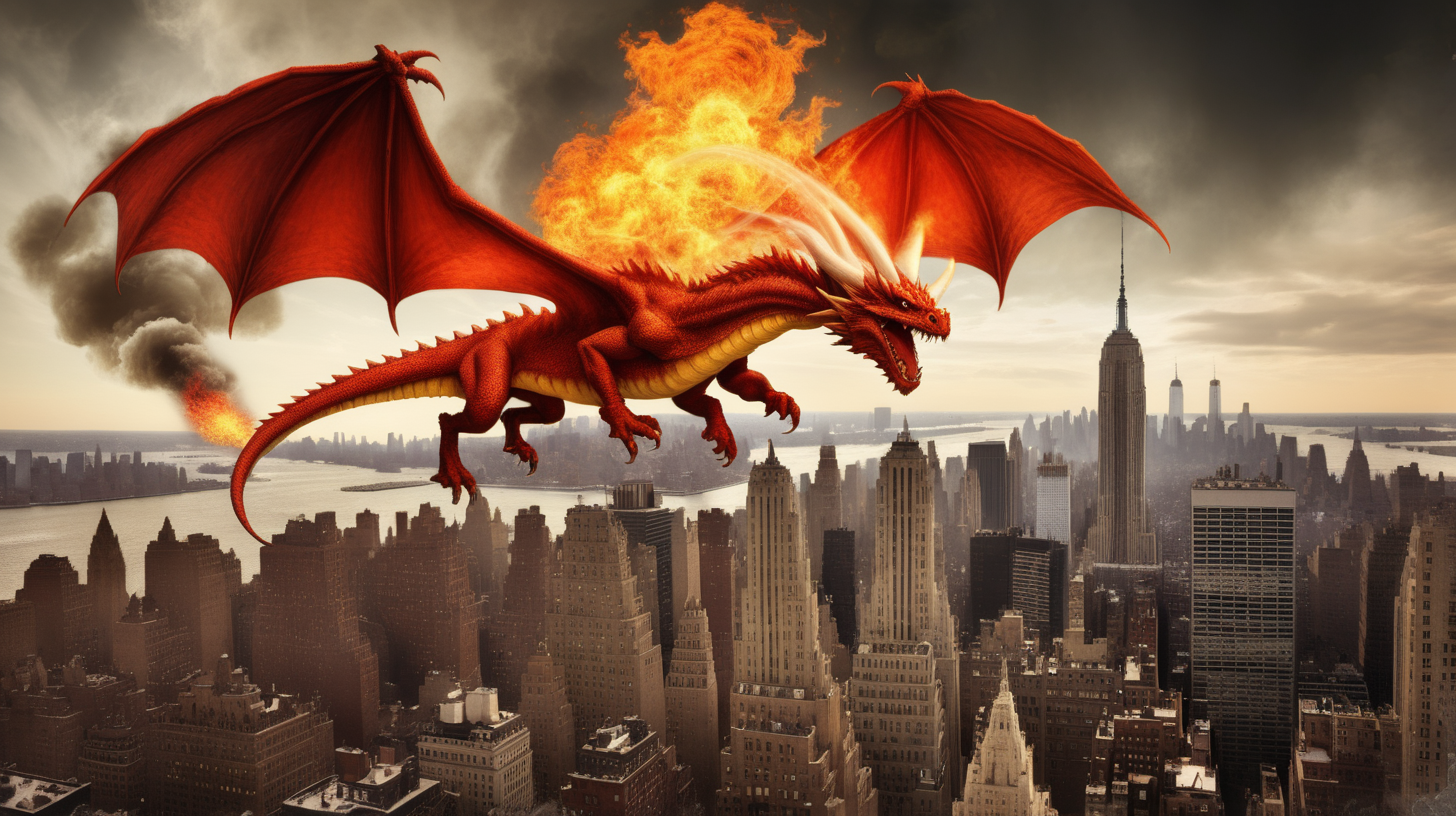 fire breathing 3 horned dragon destroying 1900's NYC skyline