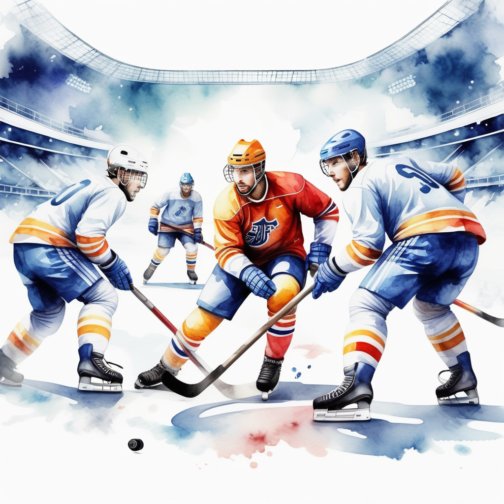 bílé pozadí_vytvoř realistickou ilustraci _hokejisté_zápas_hokej_ve stylu akvarelu_ zimní stadion_
