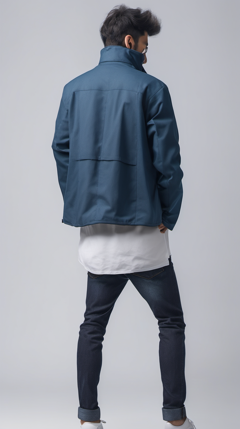 dark plain blue modern  outer jacket worn by a guy from the back in white background