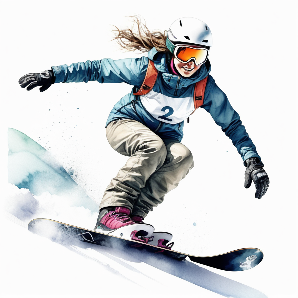 white backgroundcreate a realistic illustrationdetailed shot of snowboardwomanEva