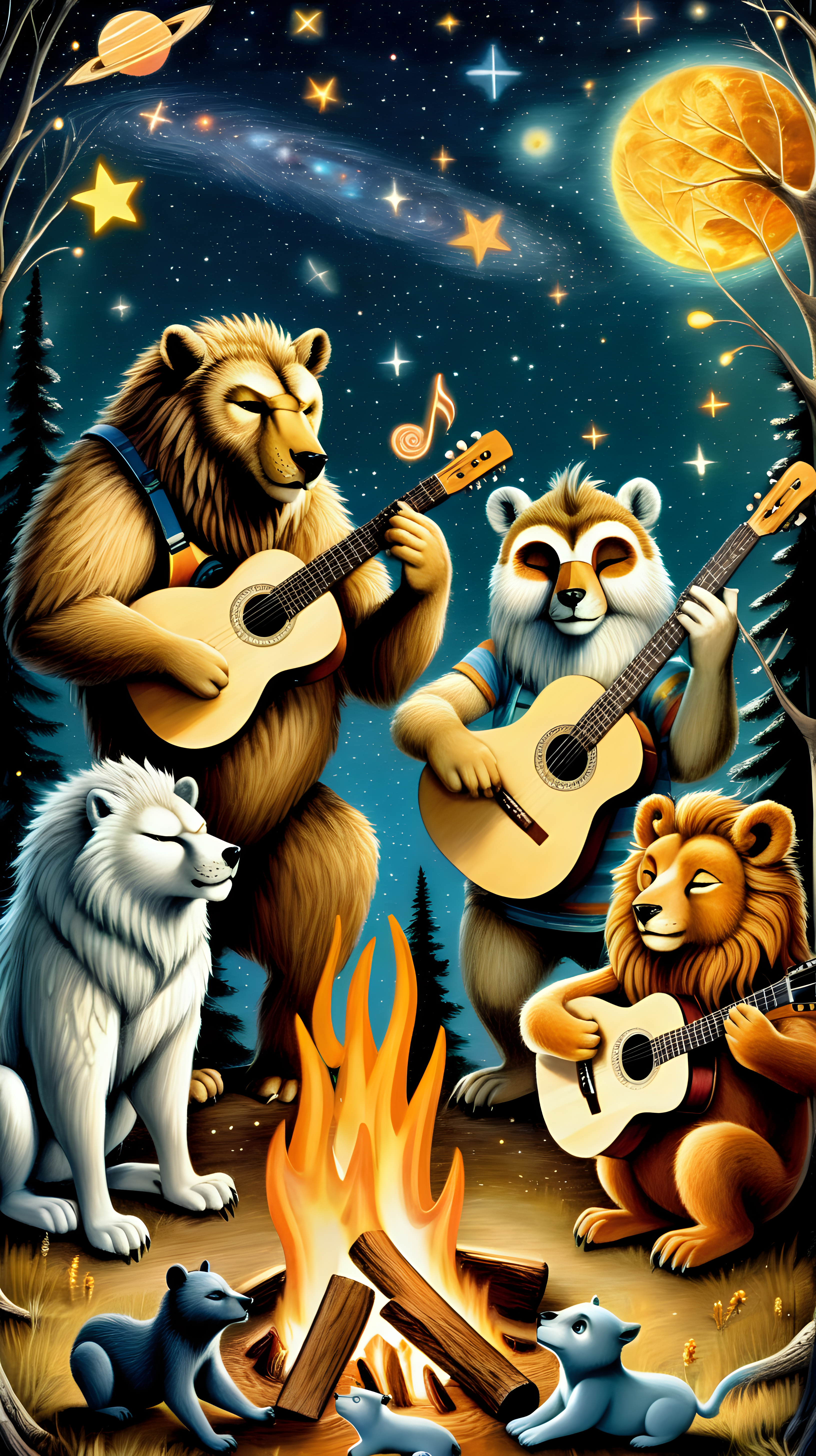 a family of animals playing music around a campfire bear lion wolf owl cosmic galactic stars