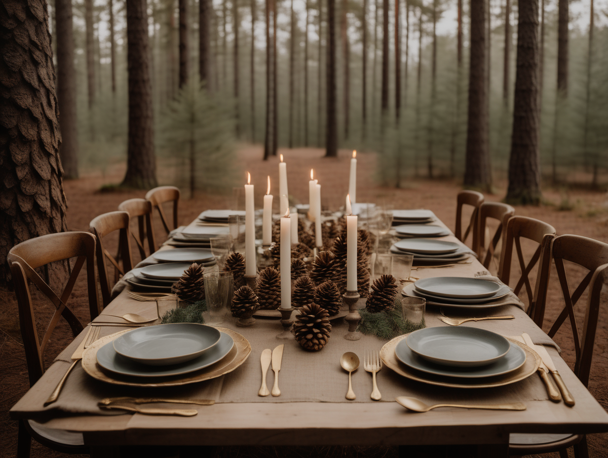 Rustic wooden table and chairs set up for an intimate lunch in the middle of an evergreen pine forest. linen napkins folded under plates on table. Pine cones, beige cheesecloth and grey taper candles in vintage gold candle holders as the table centrepieces. Vintage glass cups and gold cutlery. Rustic, Moody, ambient, soft, neutral,  DSLR Photographic style. 