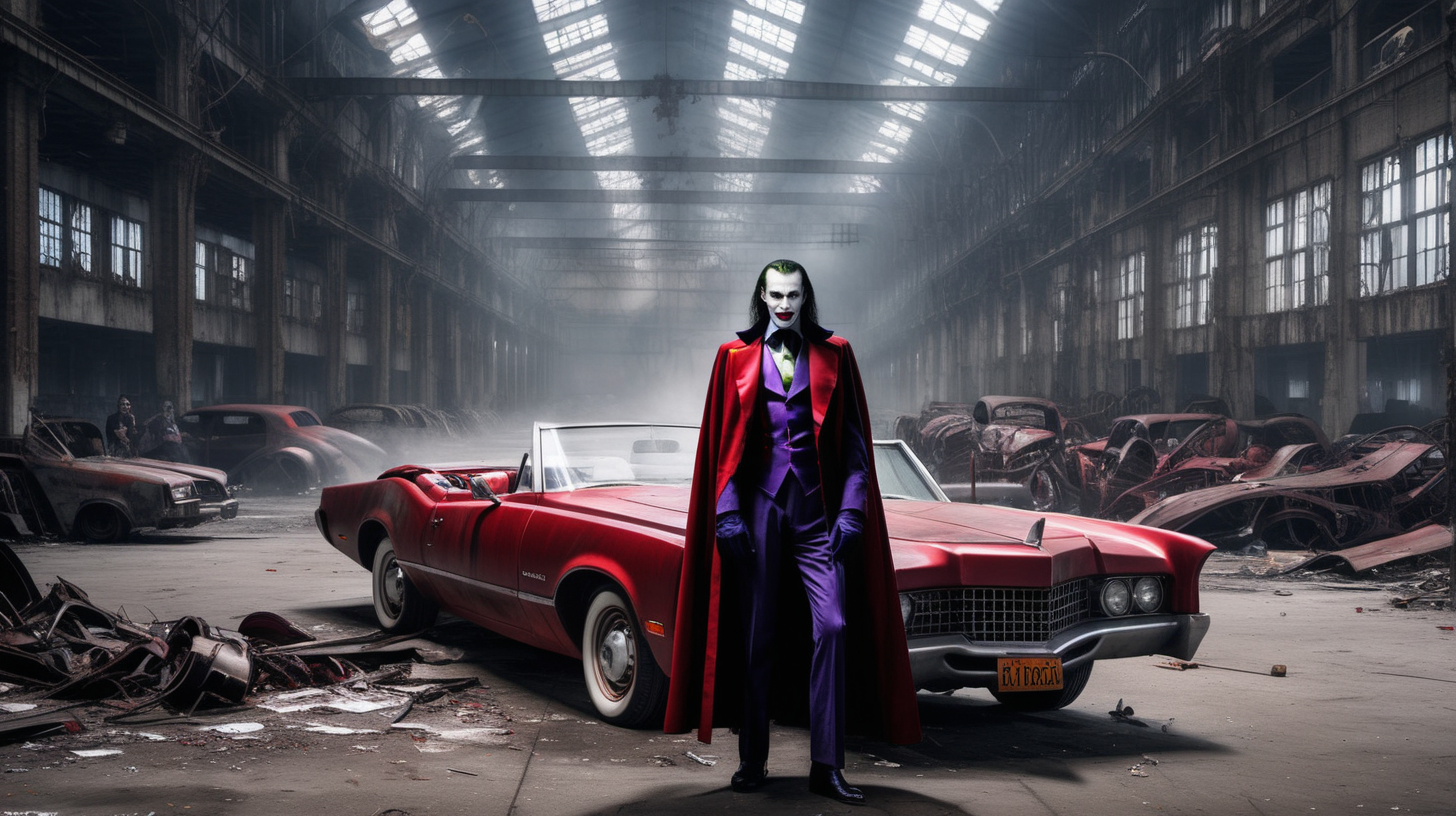 Dracula fights the joker in an abandon car factory