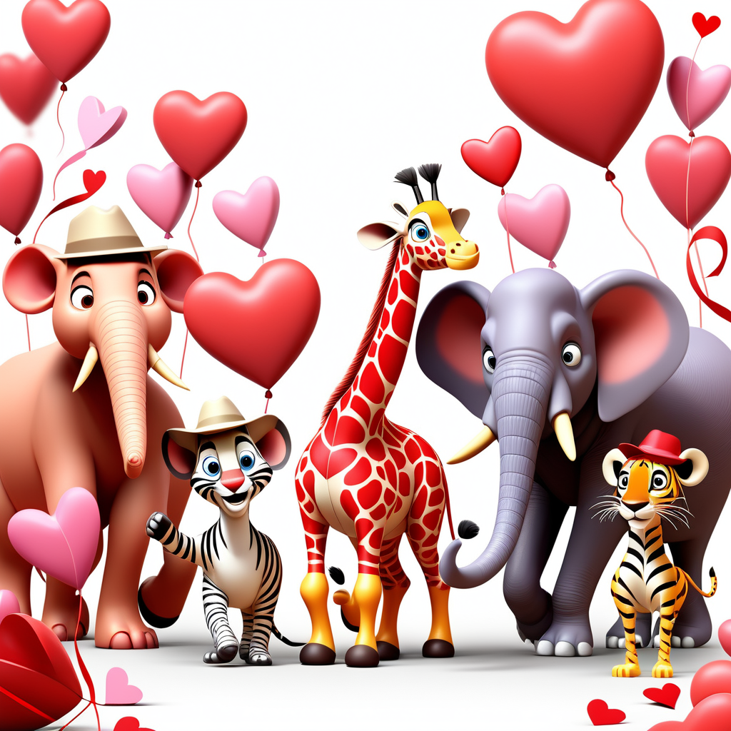 /envision prompt: "Playful Pixar 3D Safari Friends in Valentine Parade" clipart showcasing a variety of safari animals, adorned with Valentine accessories, marching joyfully against a pristine white background. The scene exudes a festive Valentine's spirit. --v 5 --stylize 1000