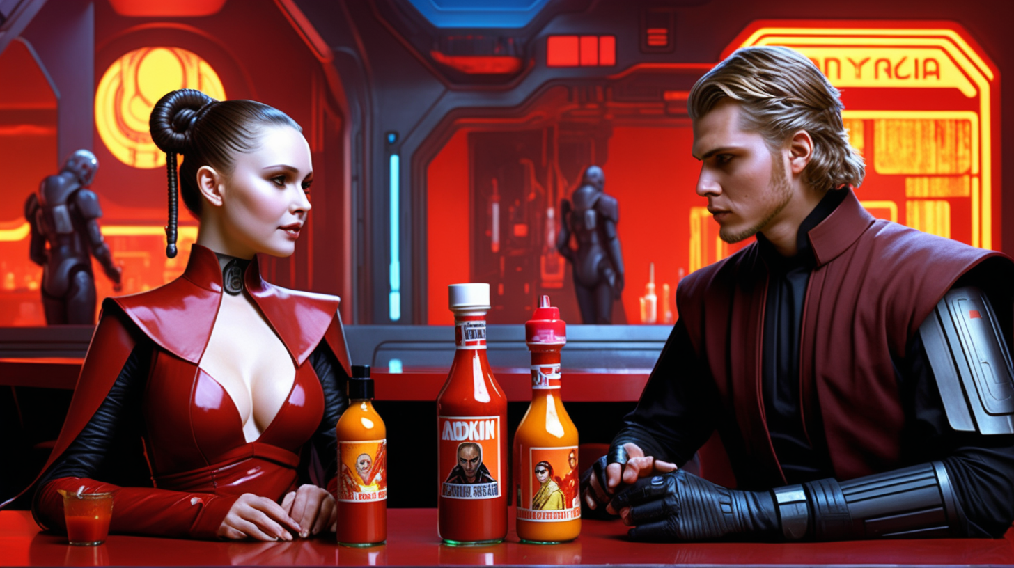 sexy amidala and Anakin in cyberpunk restaurant with hot sauce on table 