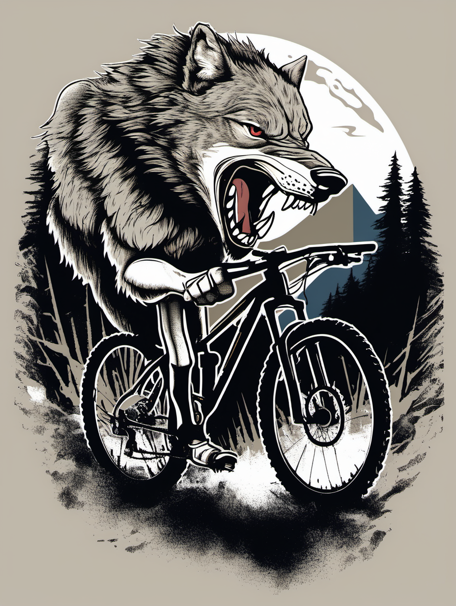 roaring wolf on a MTB, t-shirt design