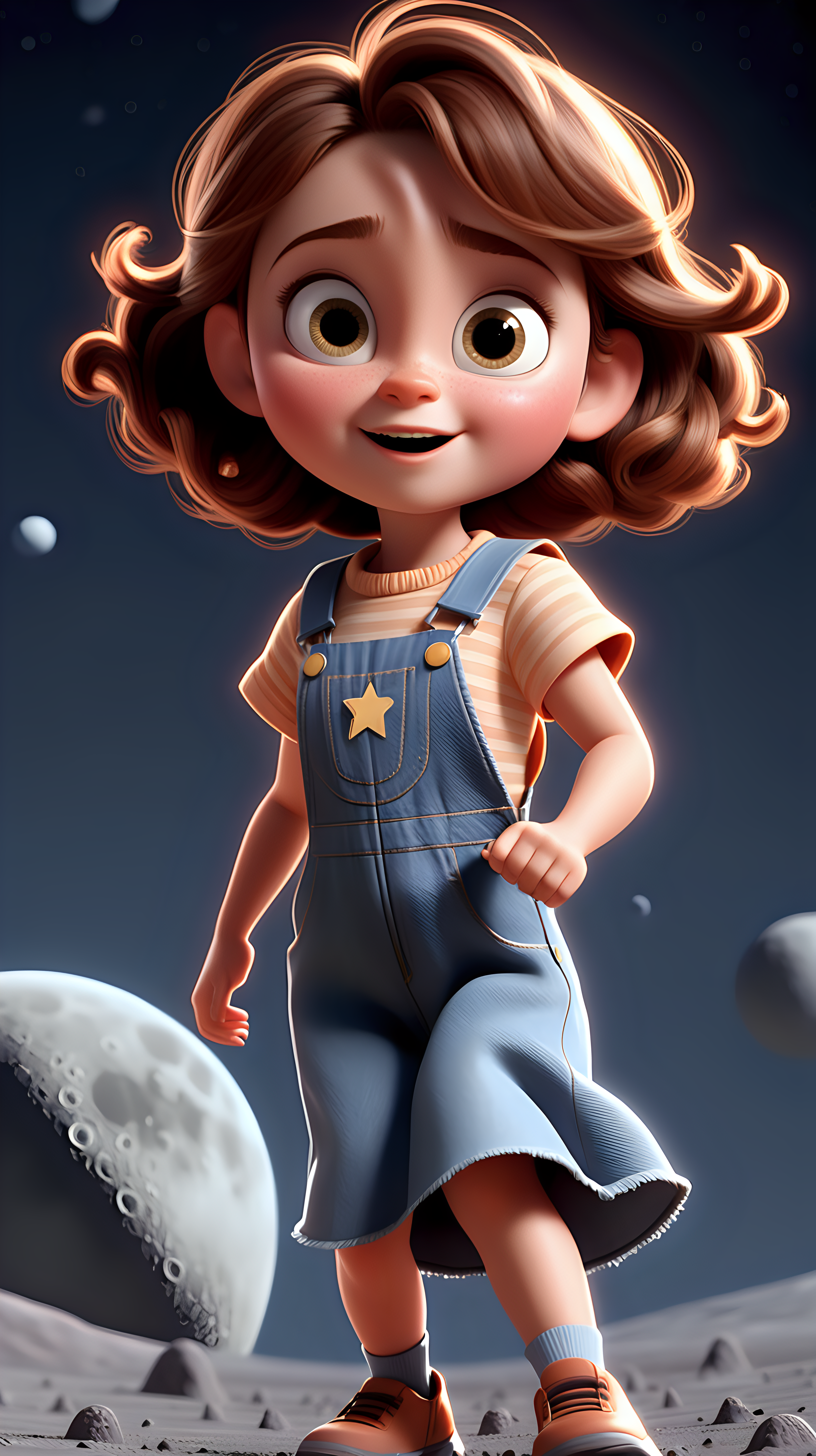 imagine 5 year old short girl with brown hair, fair skin, hazel eyes, wearing a denim dress overall, use Pixar style animation, make her running and make it full body size, standing on the surface of the moon