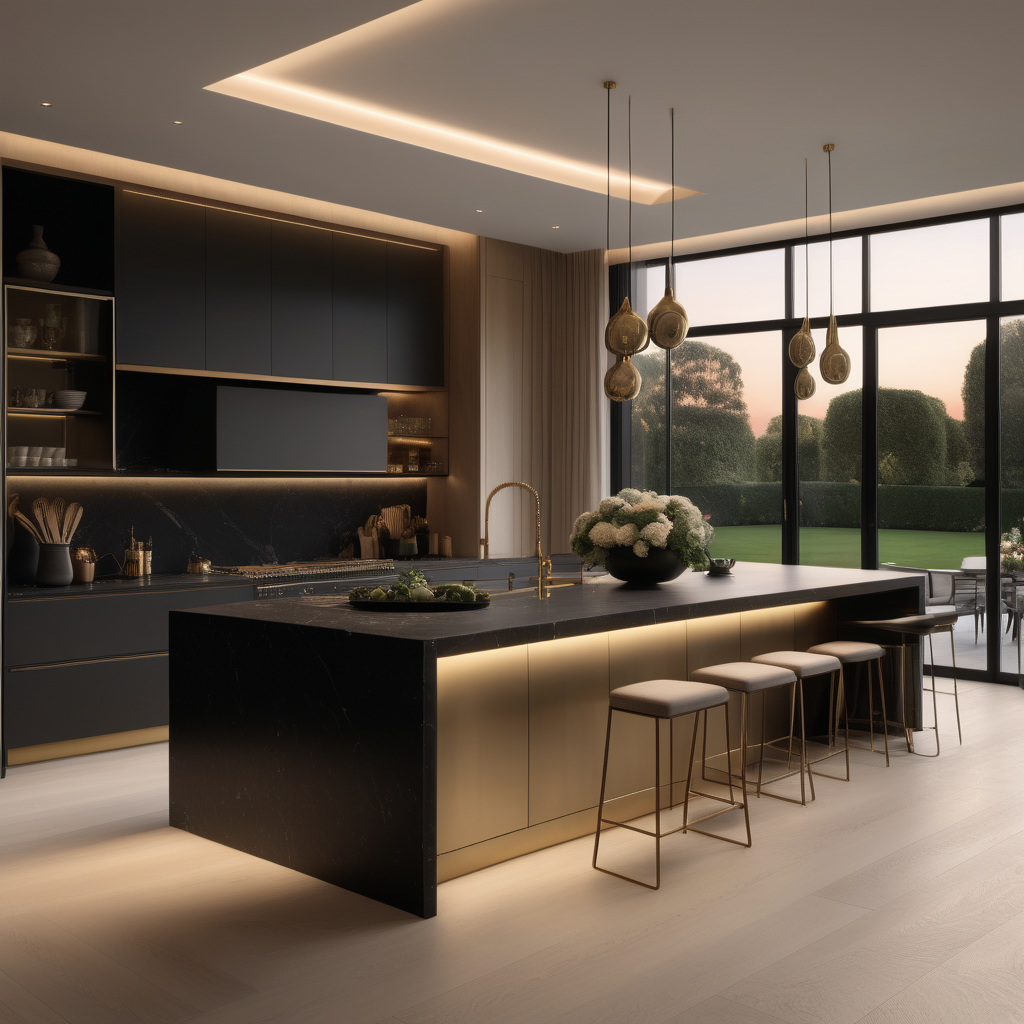 a hyperrealistic of an elegant Modern Parisian estate home kitchen at dusk with island, mood lighting, floor to ceiling windows with a view of the manicured gardens, in a beige oak brass and black colour palette 
