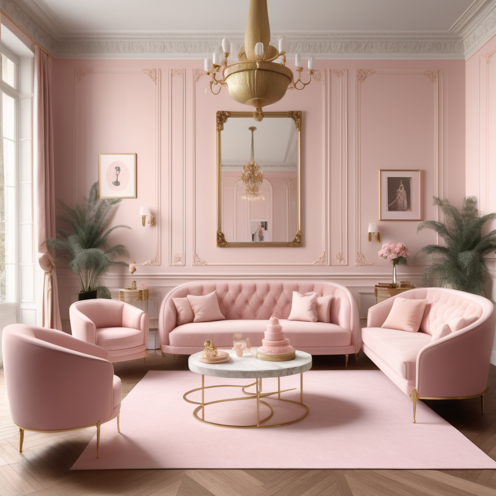 hyperrealistic image of modern Parisian Barbiecore Living Room