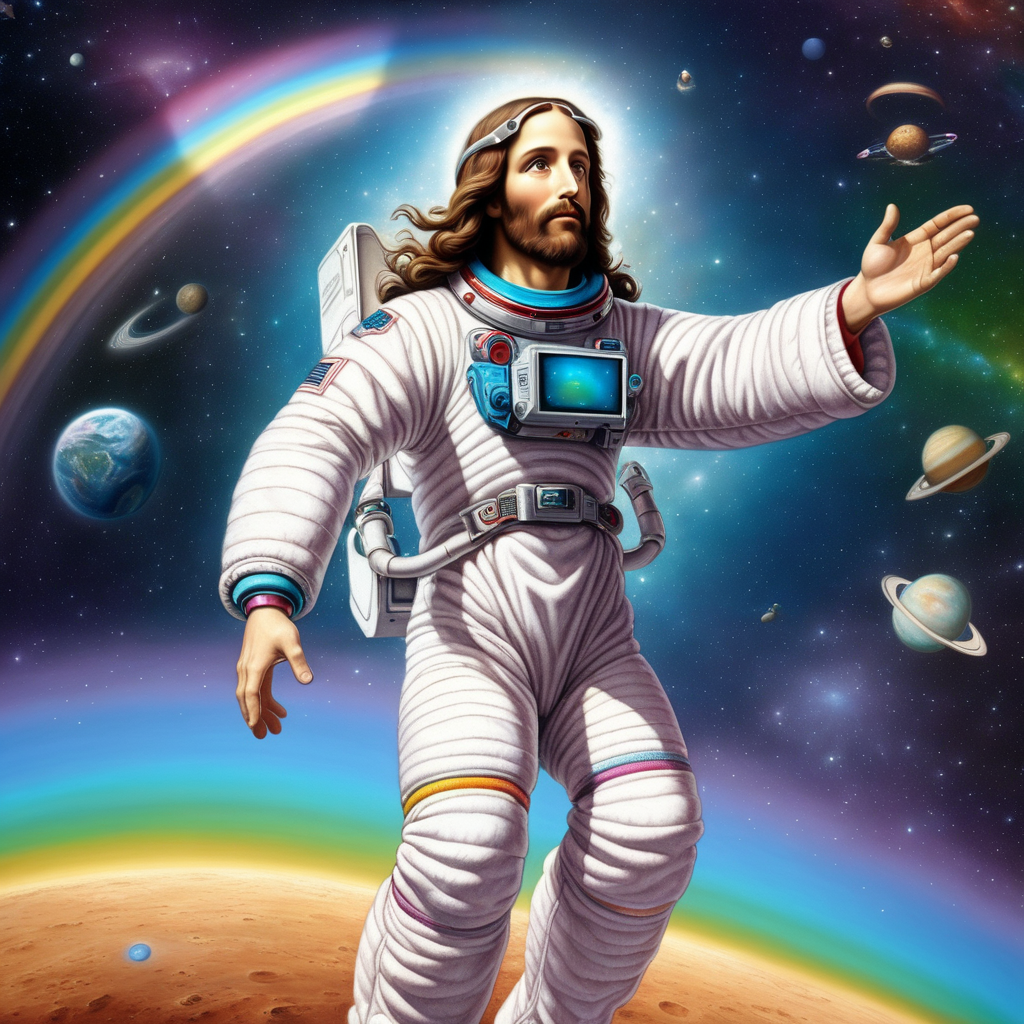 Jesus as an astronaut AI rainbow cosmic future