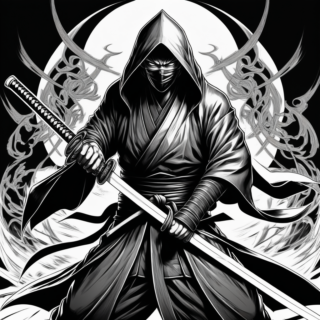Cloaked in darkness, Tatsu wields twin katanas with impeccable skill. His eyes shine with a fierce determination underneath his mask., black and white coloring page, Pure Black Crisp lines, Pure Black Thick Lines, black (