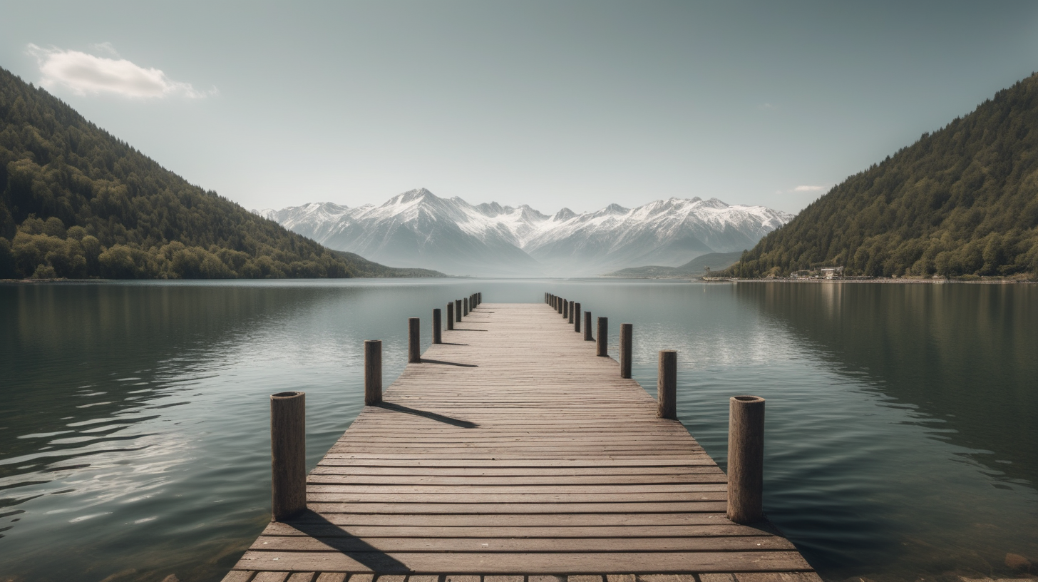 a photograph in which we see a pier, without boats, that goes into a large lake. surrounding the lake there is vegetation, in the distance you can see some mountains. On a sunny day.The lighting in the portrait should be dramatic. Sharp focus. A ultrarealistic perfect example of cinematic shot. Use muted colors to add to the scene.