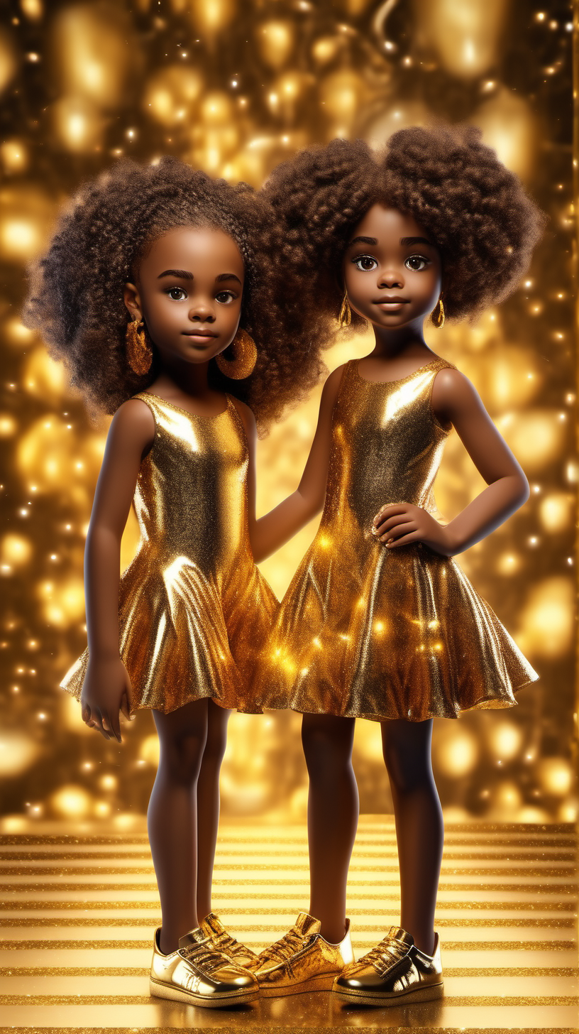 pixel 3D African 10 year old  twin sisters,  glowing beautiful light brown skin curly  hair sparkly face with sparkly makeup on and full body with a golden dress and Golden Earrings showing legs in golden shoes with normal Brown skin and beautiful dark brown 