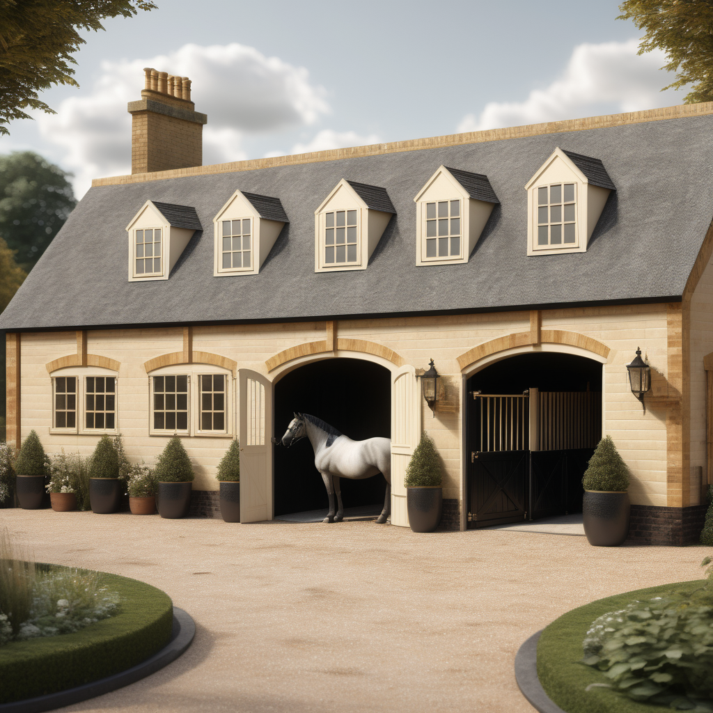 hyperrealistic image of an English country estate home horse stable; beige, ivory and black;
