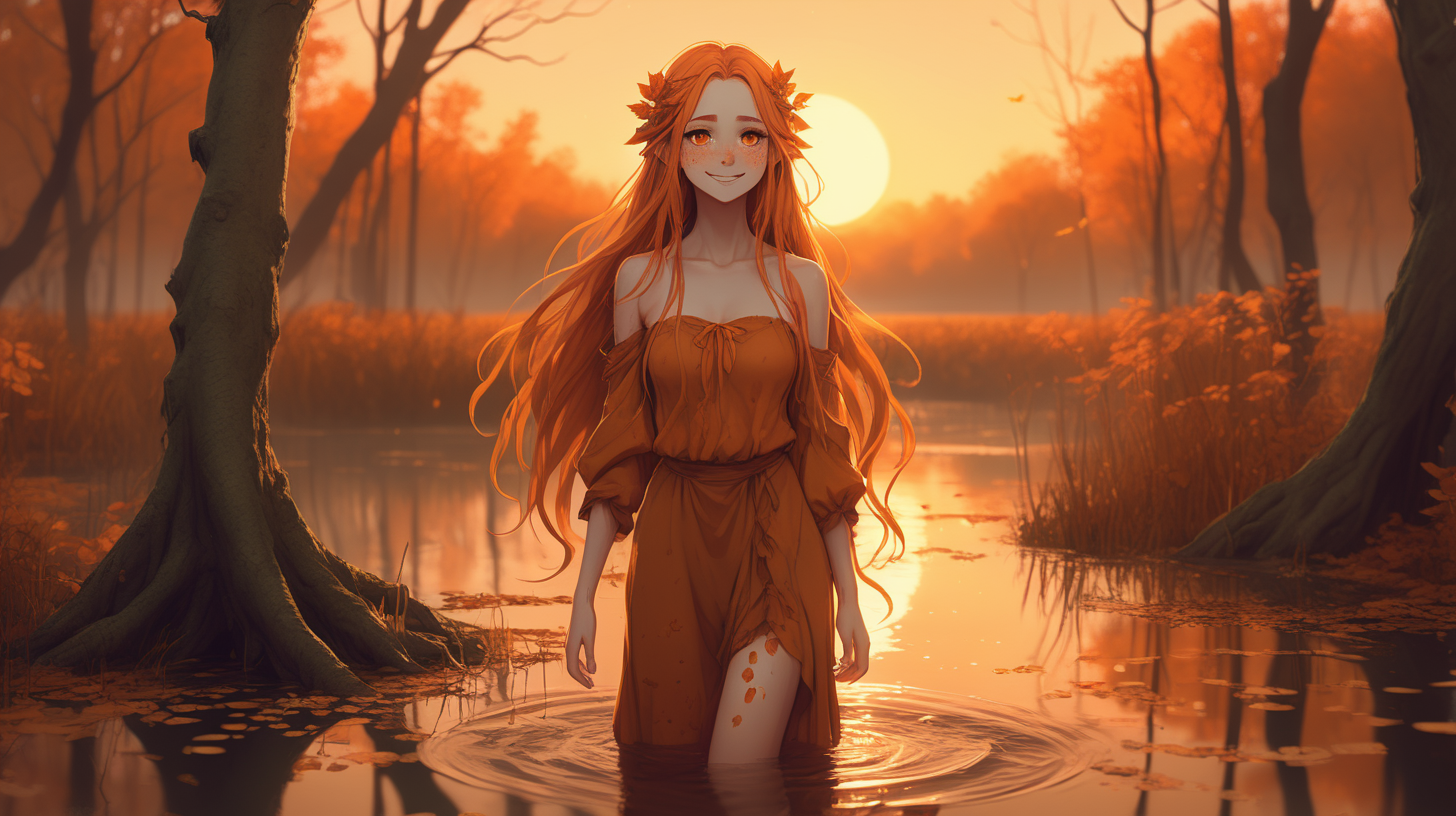 Orange sunset themed beautiful cute comforting shy dryad waifu in an autumn swamp smiling freckles amber eyes majestic long hair  full body walking on water