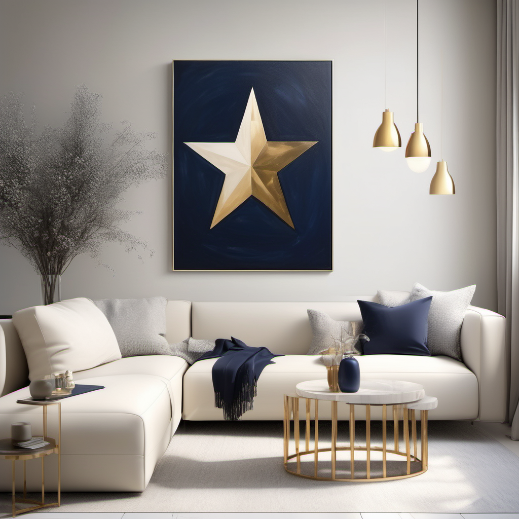 A bright and minimalist home interior bathed in natural light, where the painting "Starlight" (50cm in width and 70cm in length) hangs with proportional grace. The artwork's navy, cream, and gold hues resonate with a modern and minimalistic ambiance, creating a radiant space that's both contemporary and inviting.