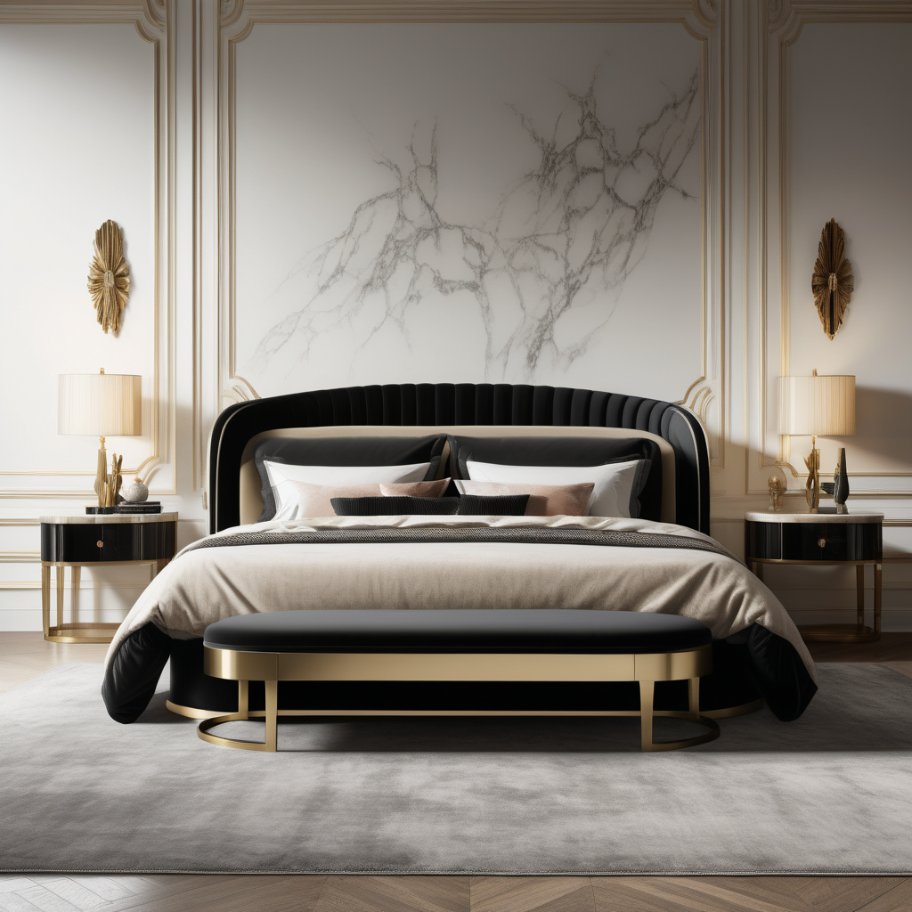 a hyperrealistic image of a velvet modern Parisian  king bed with curved headboard  in beige, black and brass 
