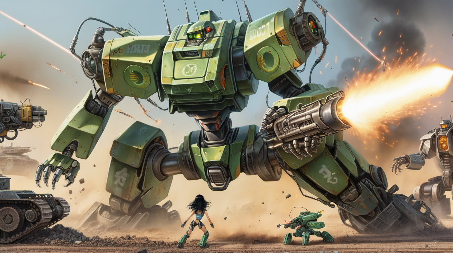  Hot girl with black hair and green eyes fighting battle robot with caterpillar tracks, lasers and rocket. On a metal scrapyard. Around laying part of tanks, robot terminators, helicopters. She is wounded by robot's laser beams. Robot has a face like a devil.