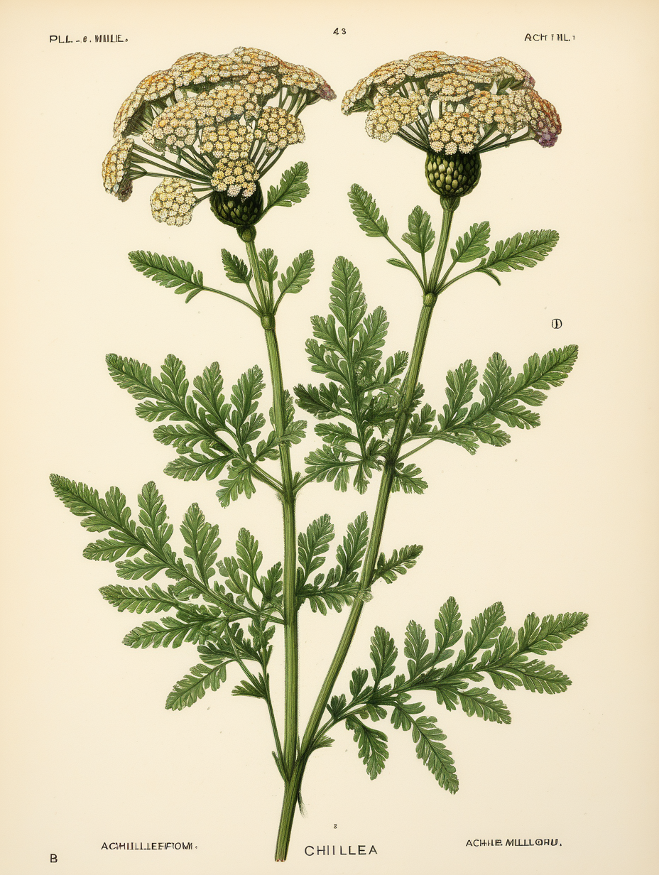 Achillea millefolium, Yarro plant botanical illustration 
