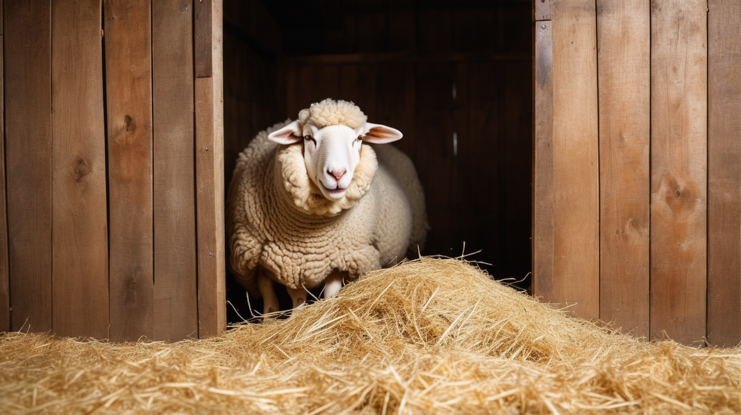 sheep eating hay in the stall, farm barn, isolated on background, photo shoot