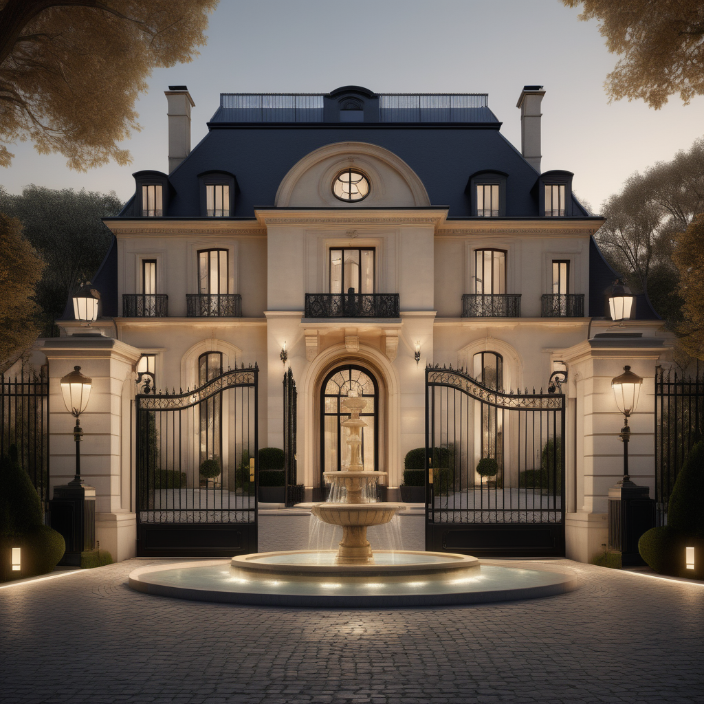 a hyperrealistic of an elegant Modern Parisian estate